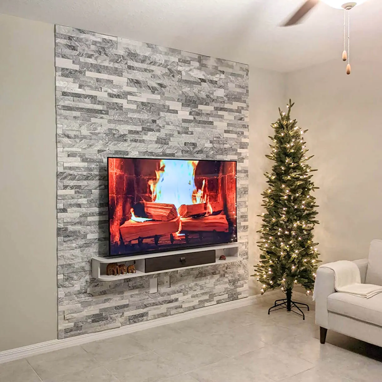 78" Eclan Floating TV Stand, Greyish White