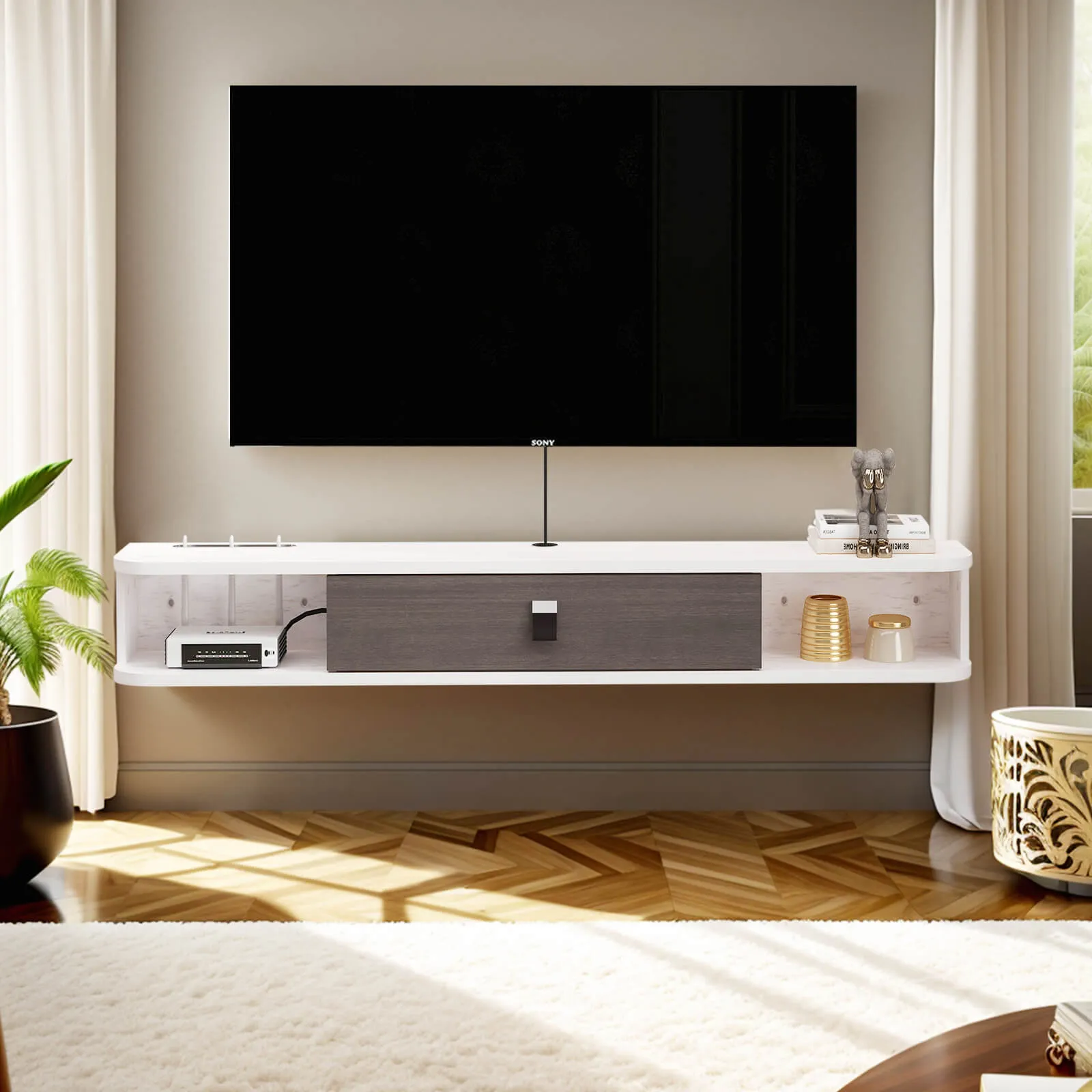 78" Eclan Floating TV Stand, Greyish White