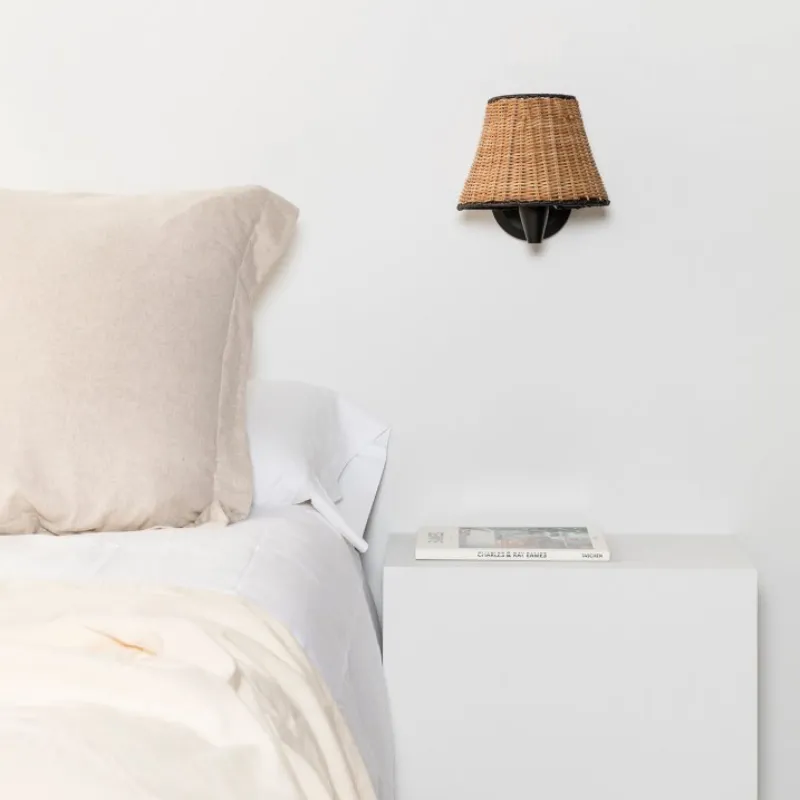 Black and Natural Rattan Wall Light
