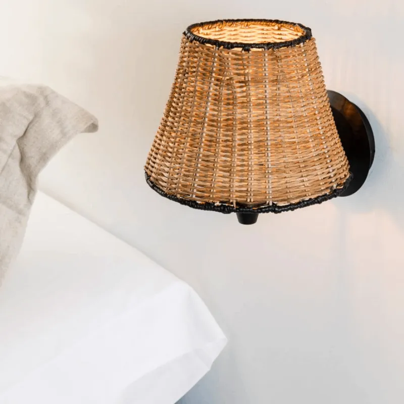 Black and Natural Rattan Wall Light