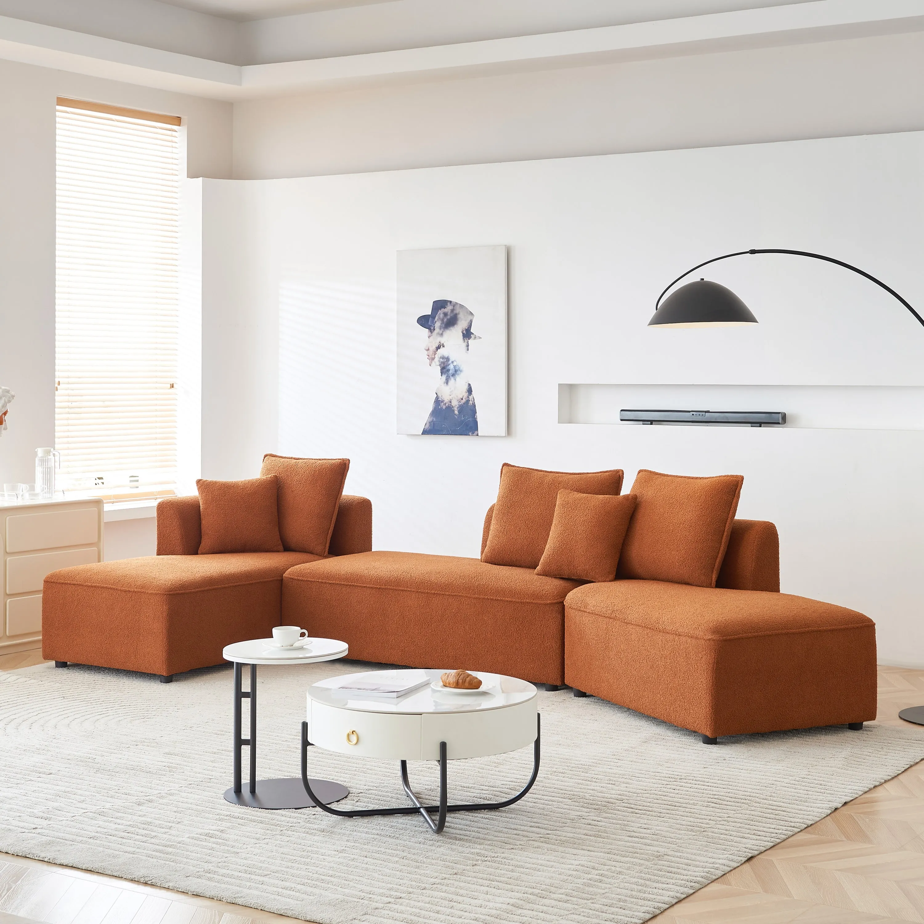 Curved Modular Sectional Sofa for Living Room, Oversized L Shaped Couch with Chaise Lounge Sofa Set, Upholstered Sofa with 3 Back Pillows & 2 Throw Pillow, for Home Office, Orange