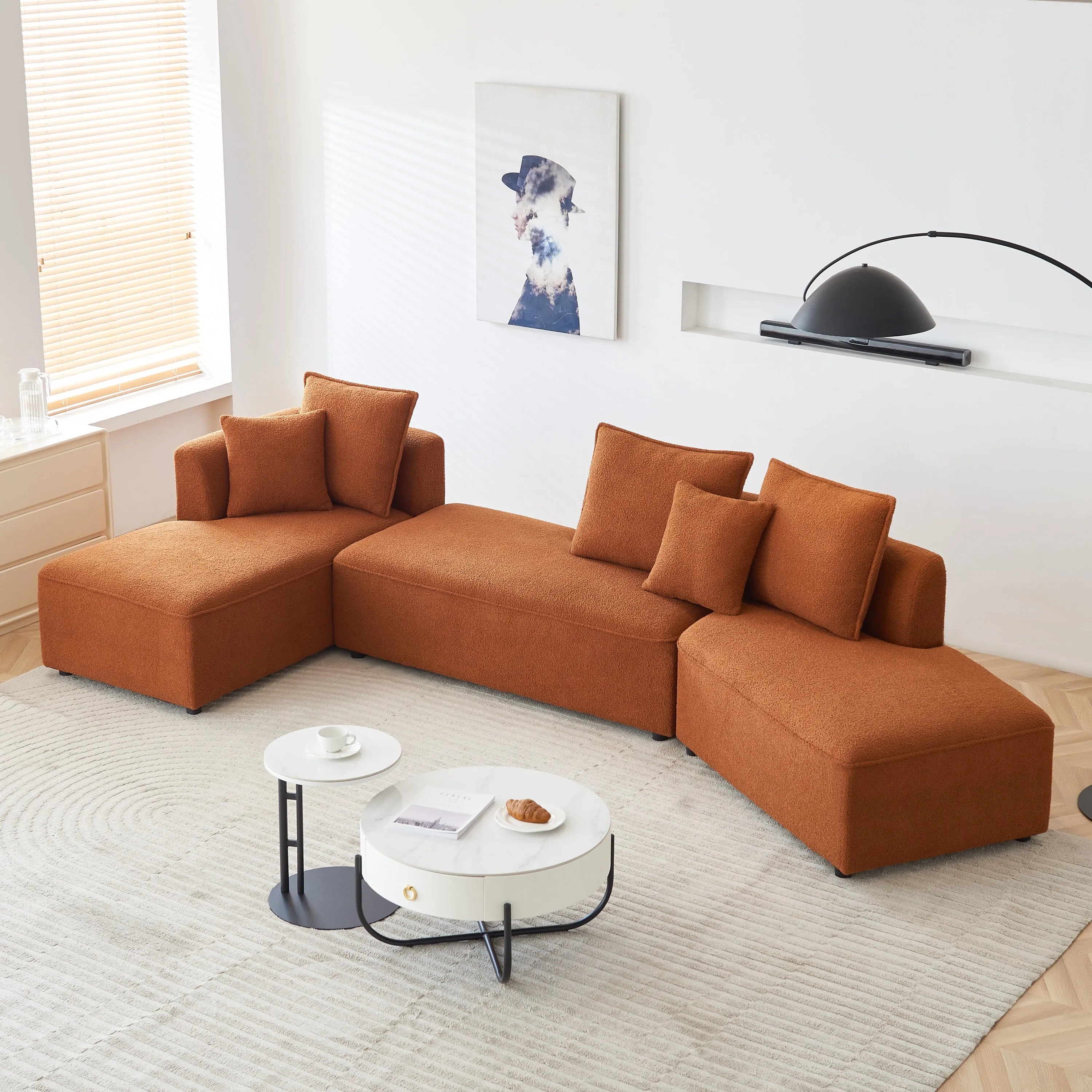 Curved Modular Sectional Sofa for Living Room, Oversized L Shaped Couch with Chaise Lounge Sofa Set, Upholstered Sofa with 3 Back Pillows & 2 Throw Pillow, for Home Office, Orange