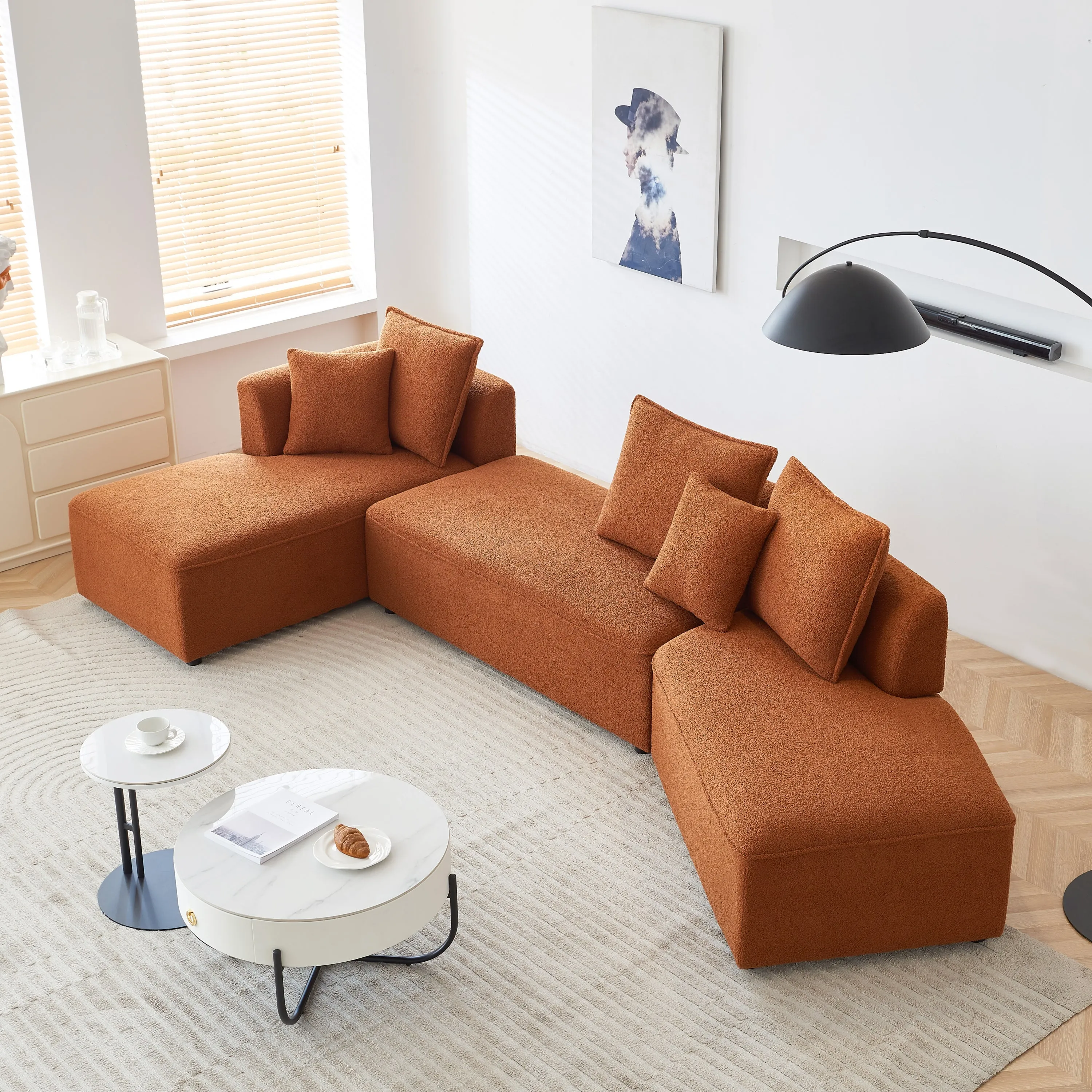 Curved Modular Sectional Sofa for Living Room, Oversized L Shaped Couch with Chaise Lounge Sofa Set, Upholstered Sofa with 3 Back Pillows & 2 Throw Pillow, for Home Office, Orange