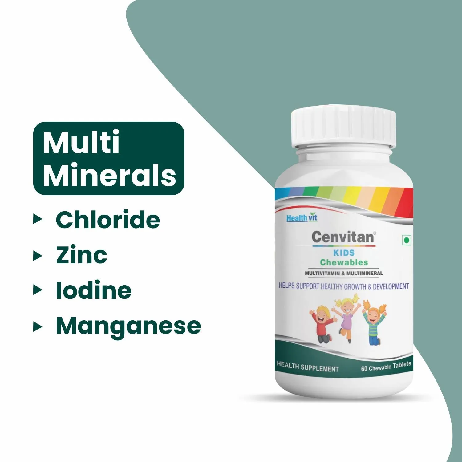 HealthVit Cenvitan Kids Multivitamin & Multimineral Chewable Tablets| Helps Support Healthy Growth & Development| Immunity Booster for Kid's Strength, Energy, Growth & Strong Bones – 60 Tablets