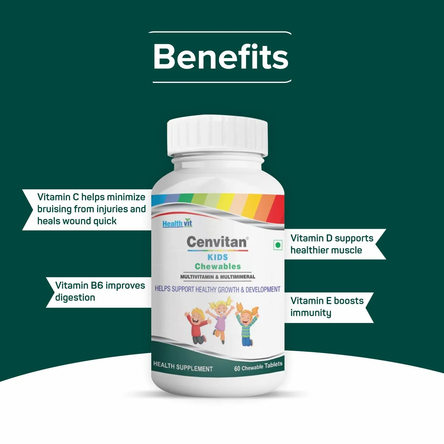 HealthVit Cenvitan Kids Multivitamin & Multimineral Chewable Tablets| Helps Support Healthy Growth & Development| Immunity Booster for Kid's Strength, Energy, Growth & Strong Bones – 60 Tablets