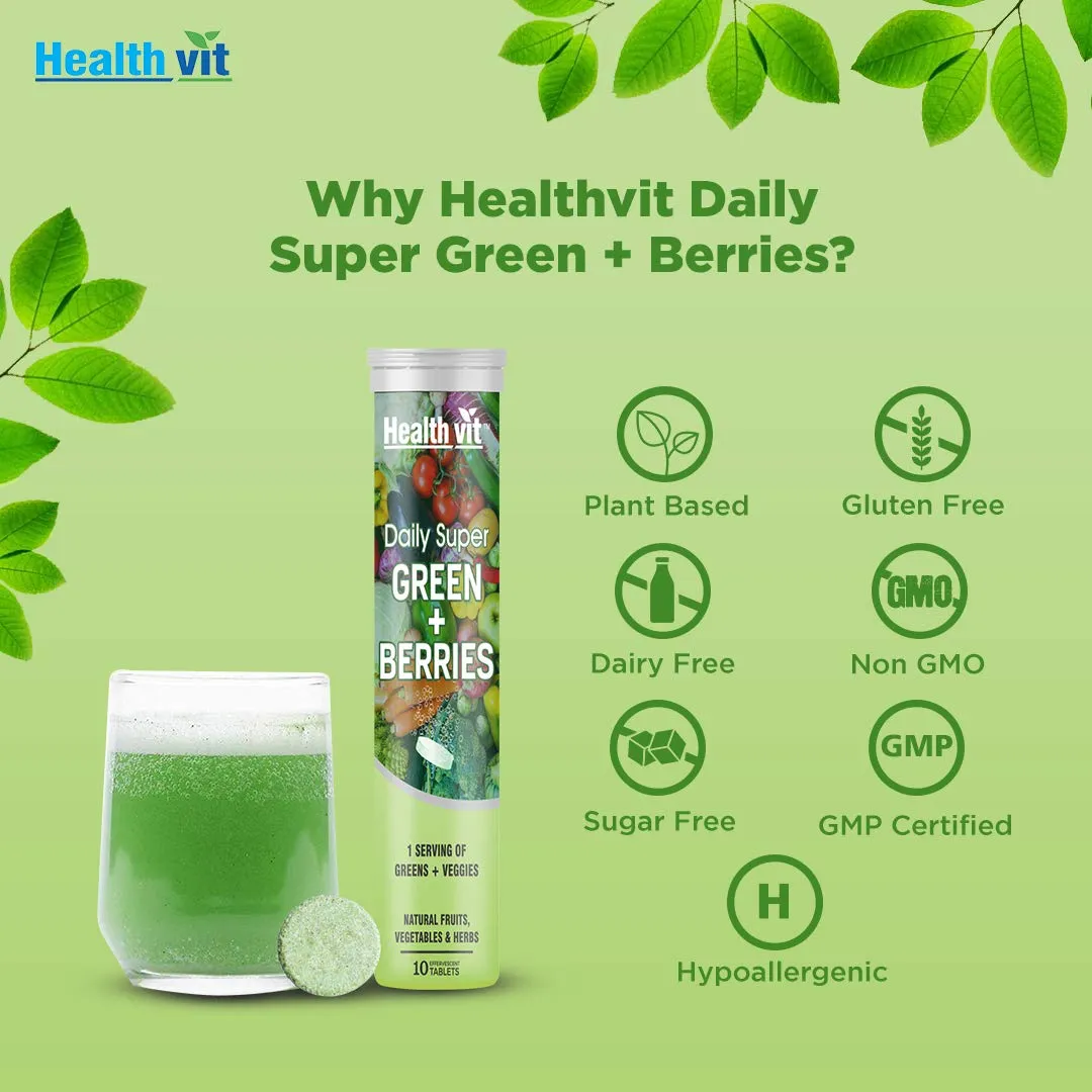 Healthvit Daily Super Green   Berries, Wholefood Multivitamin with Vitamin D3, Zinc, B6, B12, Iron for Immunity, Detox and Antioxidants - 10 Effervescent Tablets