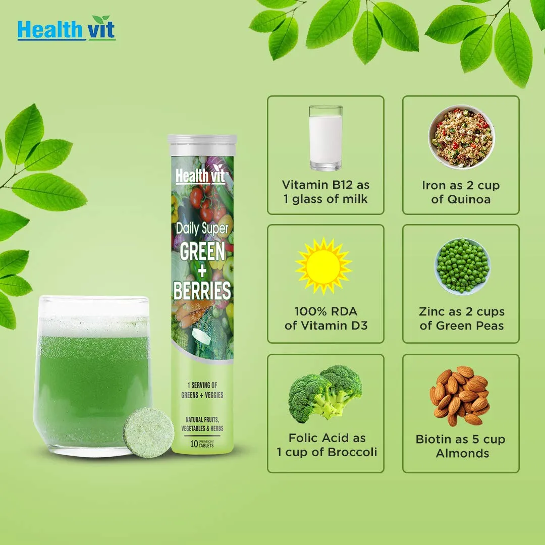 Healthvit Daily Super Green   Berries, Wholefood Multivitamin with Vitamin D3, Zinc, B6, B12, Iron for Immunity, Detox and Antioxidants - 10 Effervescent Tablets