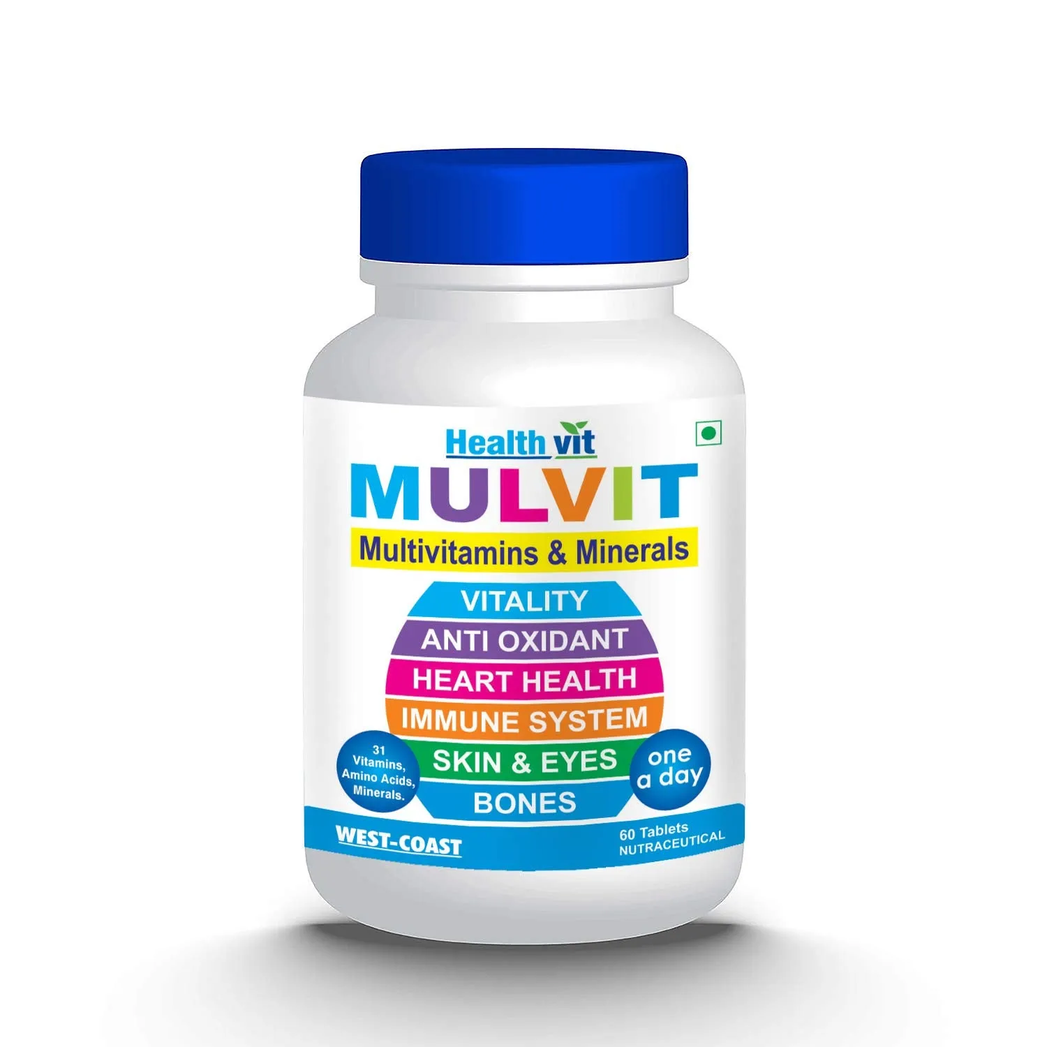 Healthvit Mulvit Multivitamins and Minerals (60 Tablets) with 31 Nutrients (Vitamins, Minerals and Amino Acids) | Anti-Oxidants, Beauty Blend | Energy, Brain, Bone Health