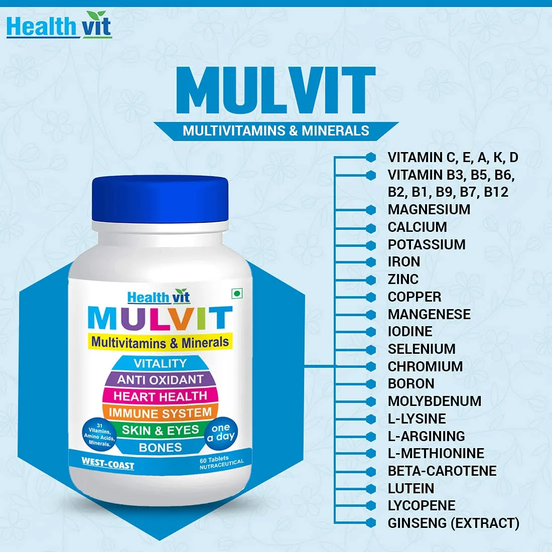 Healthvit Mulvit Multivitamins and Minerals (60 Tablets) with 31 Nutrients (Vitamins, Minerals and Amino Acids) | Anti-Oxidants, Beauty Blend | Energy, Brain, Bone Health