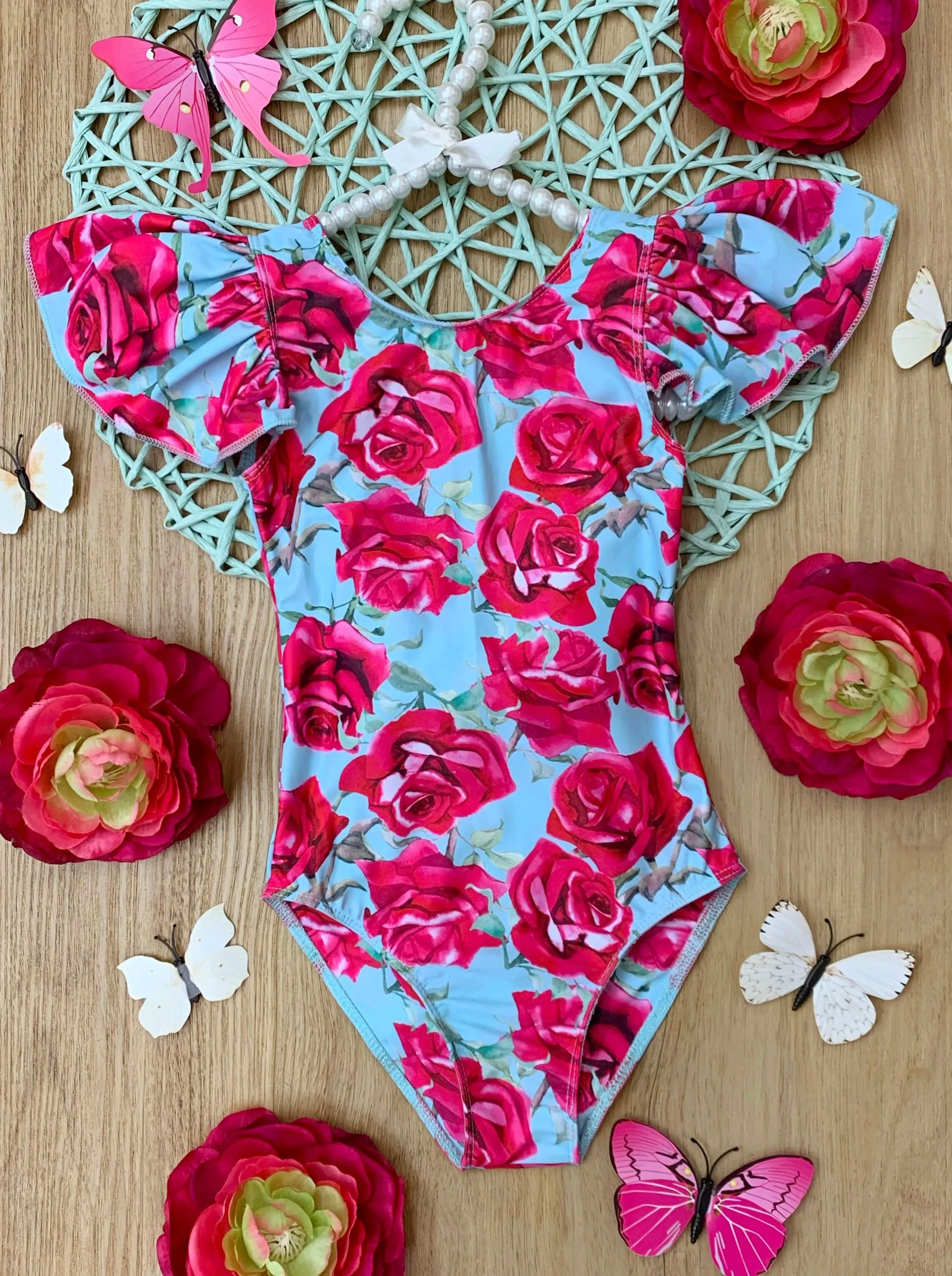 Sun-Kissed Blooms Flutter Sleeve Floral One Piece Swimsuit