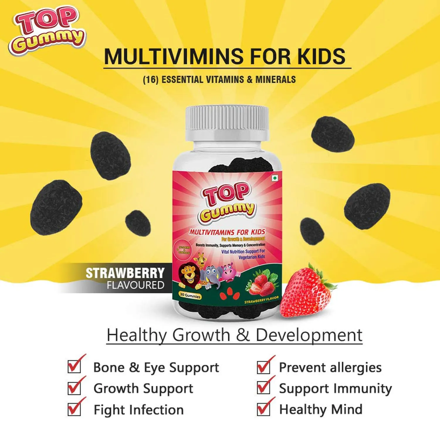 Top Gummy Multivitamins for Kids with 16 Vitamins & Minerals - Kids Growth, Development & Immunity | Kids Health | Gluten, Soy & Dairy Free - 30 Gummies (Strawberry Flavor) (Pack of 2)