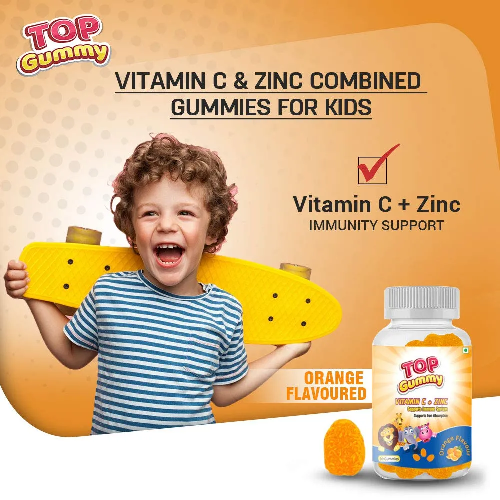 TOPGUMMY Vitamin C   Zinc For Immune Support, Gluten, Soy & Dairy Free - 30 Gummies (Orange Flavor)