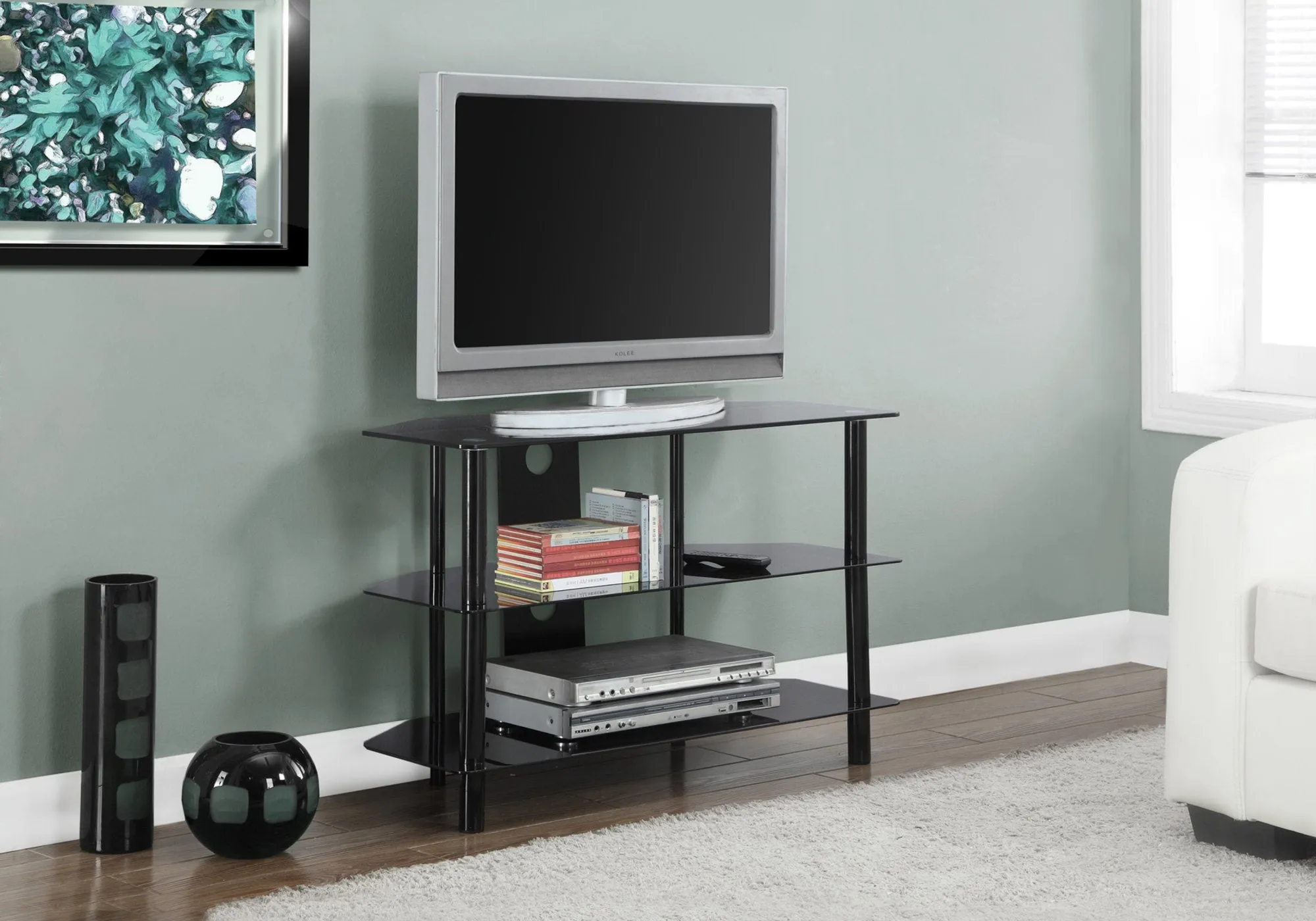 Tv Stand, 36 Inch, Console, Media Entertainment Center, Storage Shelves, Living Room, Bedroom, Black Metal, Clear Tempered Glass, Contemporary, Modern