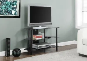 Tv Stand, 36 Inch, Console, Media Entertainment Center, Storage Shelves, Living Room, Bedroom, Black Metal, Clear Tempered Glass, Contemporary, Modern