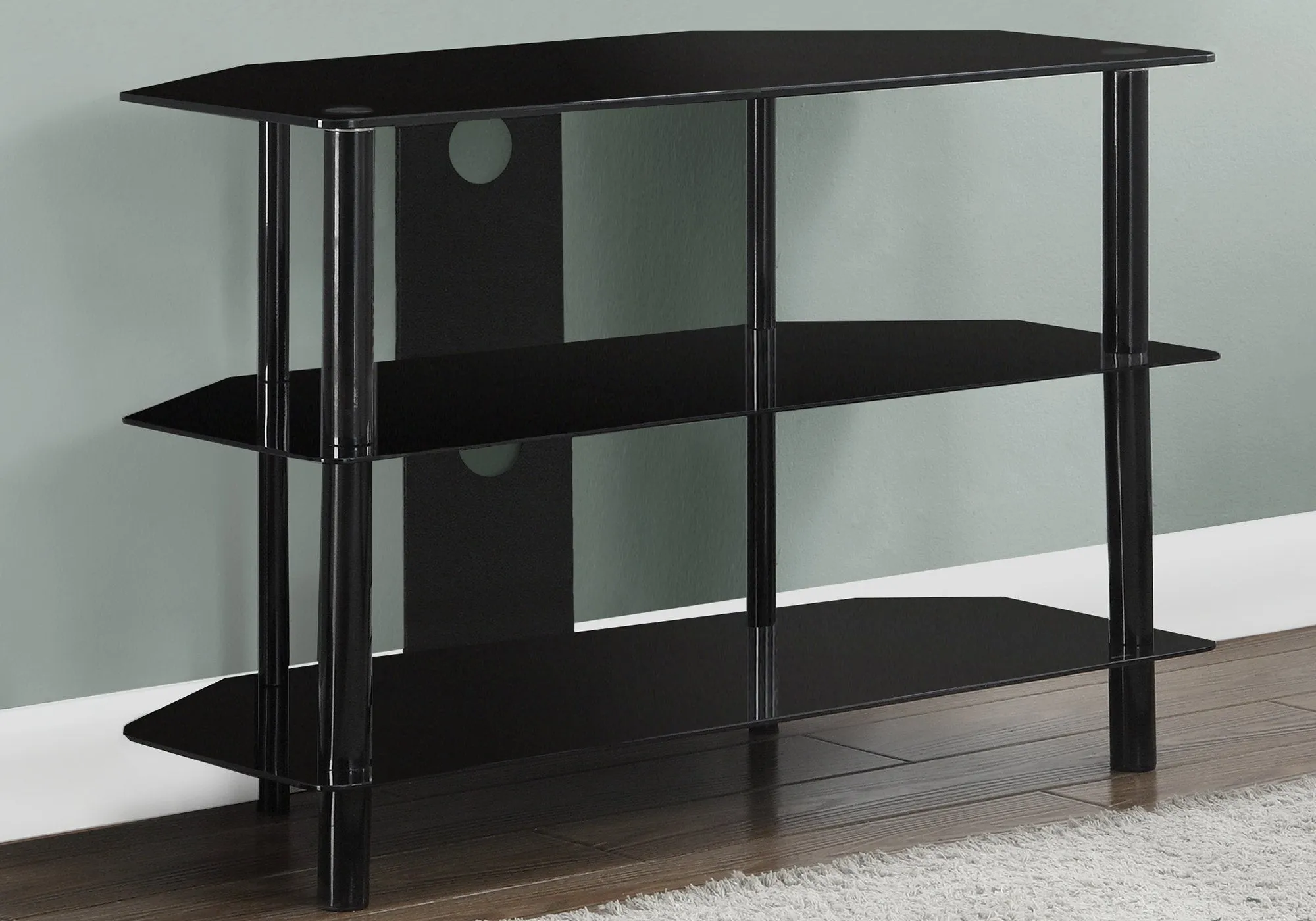 Tv Stand, 36 Inch, Console, Media Entertainment Center, Storage Shelves, Living Room, Bedroom, Black Metal, Clear Tempered Glass, Contemporary, Modern